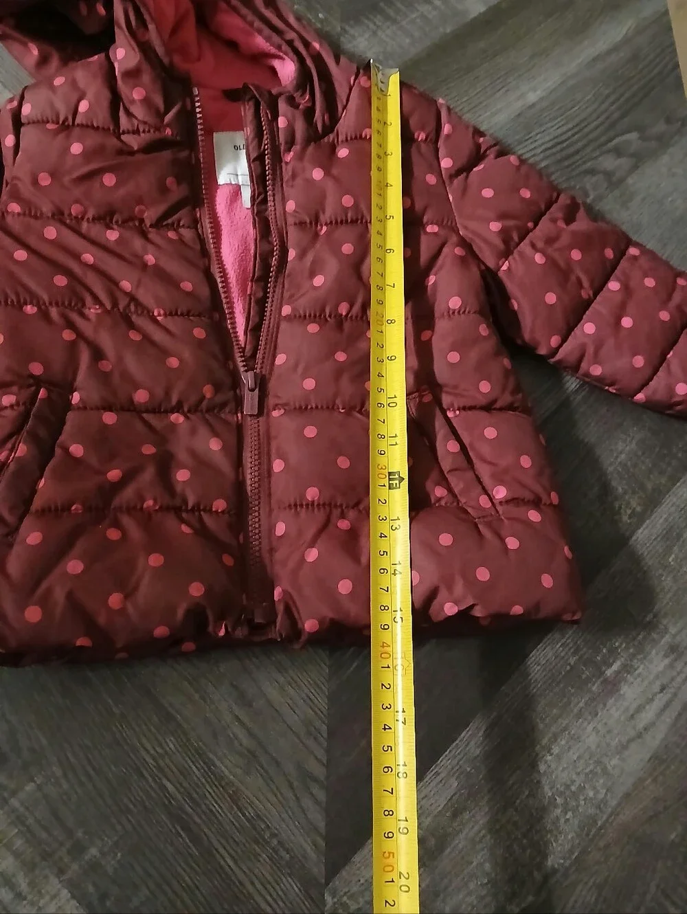 Old Navy Girls' Hooded Puffer Jacket in Burgundy with Pink Polka Dots